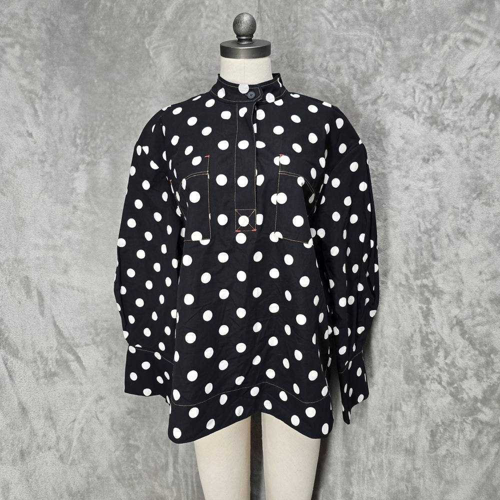 Aligne Jude Spot Blouse Women 10 Black Polka Dot Organic Cotton Top Mod Retro